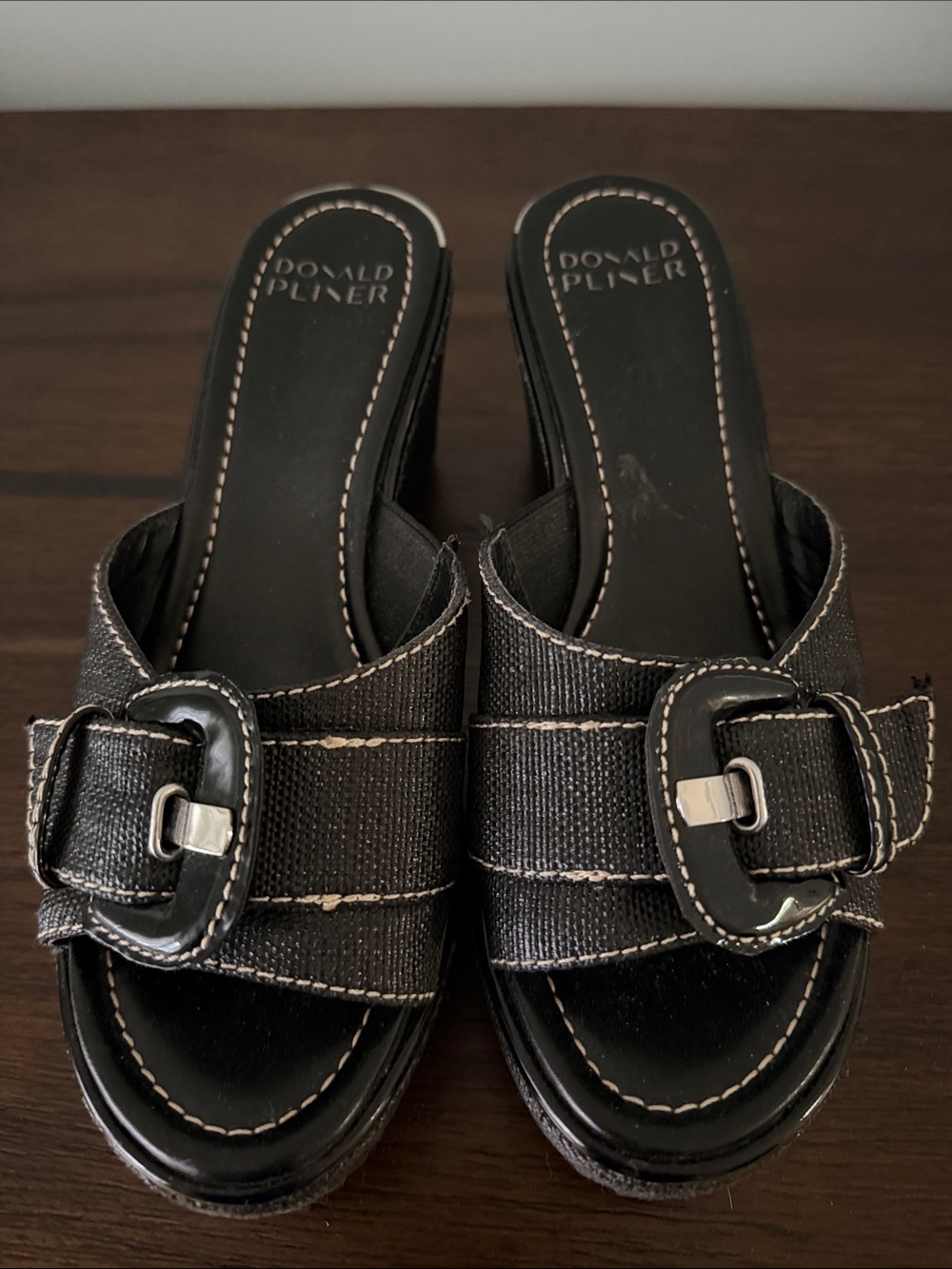 Donald J. Pliner Black Textured Slide Mules with Buckle Detail